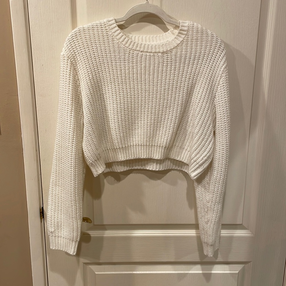 White, cropped, knit crewneck sweater